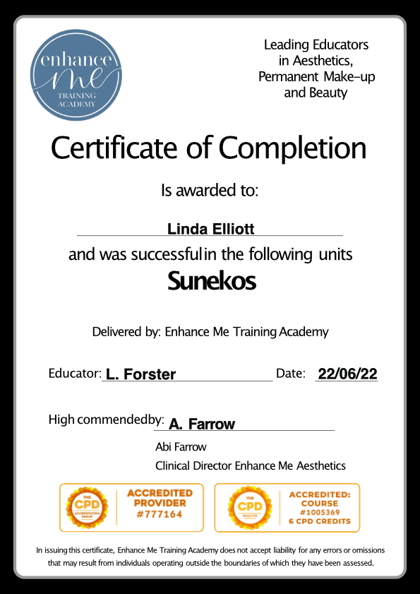 Certificate for use of Sunekos by Enhance Me