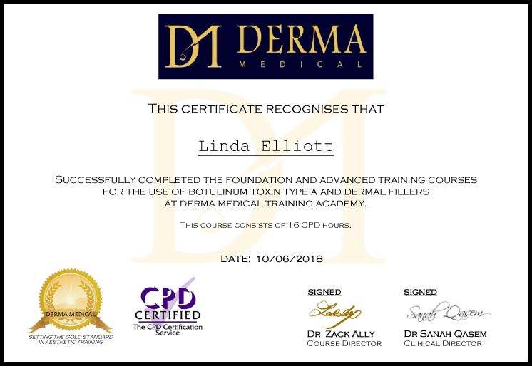 Certificate for use of Botulinum Toxin Type A & Dermal Fillers at Dermal Medical.