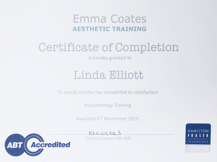 Certificate for use of Mesotherapy at Emma Coates