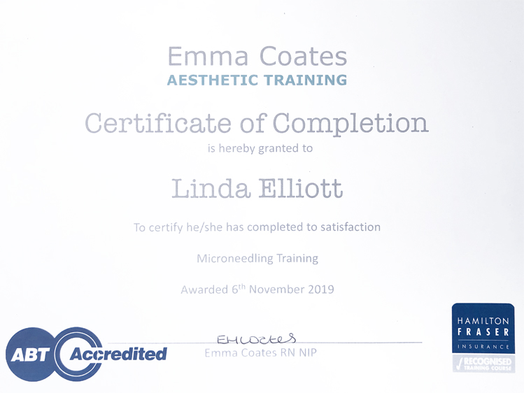 Certificate for use of Microneedling at Emma Coates