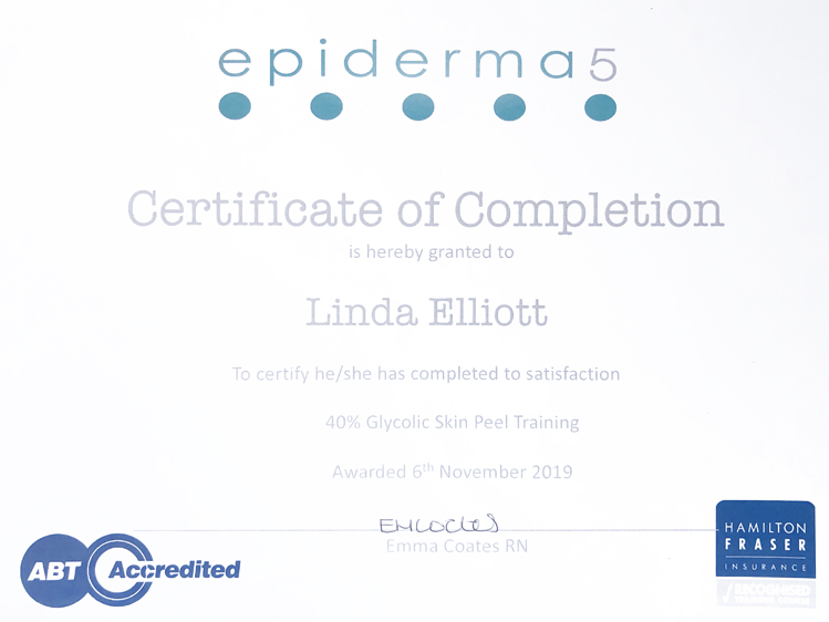 Certificate for use of 40% Glycolic Skin Peel at Emma Coates.